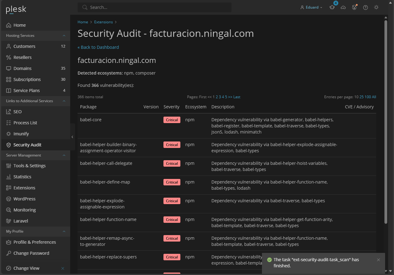 Per-domain vulnerability list with package details