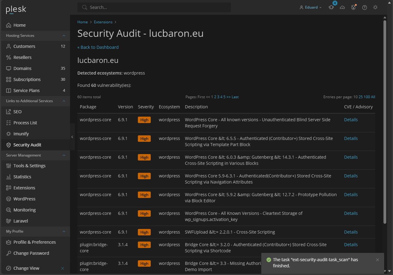 WordPress vulnerability audit showing core, plugin and theme vulnerabilities